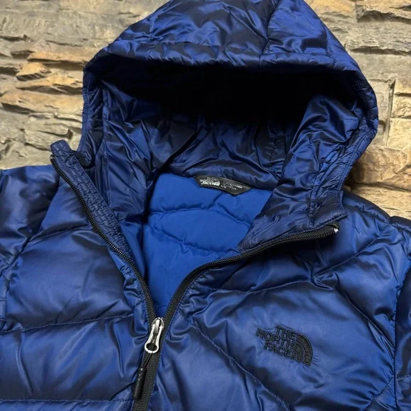 The North Face 550 Down Insulated Parka Jacket Women Large Blue Full Zip Pockets - Picture 2 of 14